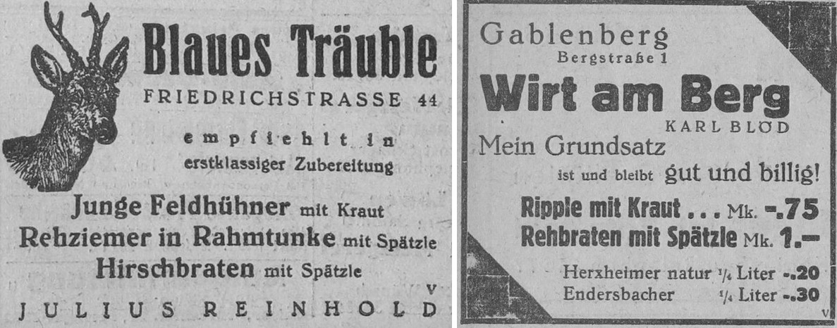 45_Stuttgarter Neues Tagblatt_1930_09_06_Nr418_p04_ebd_11_08_Nr524_p20_Gaststaette_Spaetzle_Wild_Regionale-Kueche