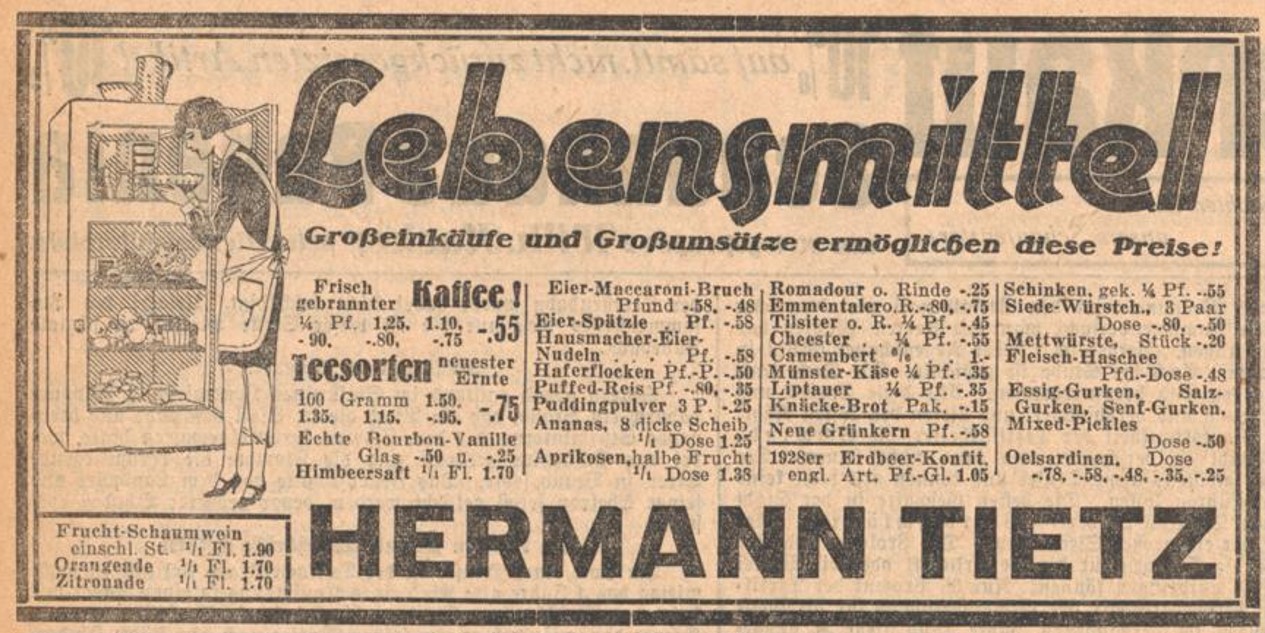 50_Der Volksfreund_1928_07_27_Nr174_p11_Warenhaus_Teigwaren_Makkaroni_Spaetzle_Lebensmittel_Kuehlschrank_Hermann-Tietz