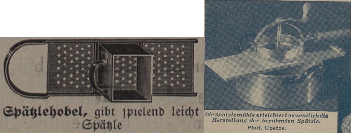 52_Gemeindeblatt Lustenau_1930_09_28_Nr39_p586_Vobachs Frauenzeitung_35_1932_H05_p31_Haushaltsgeraete_Spaetzlehobel_Spaetzlemuehle