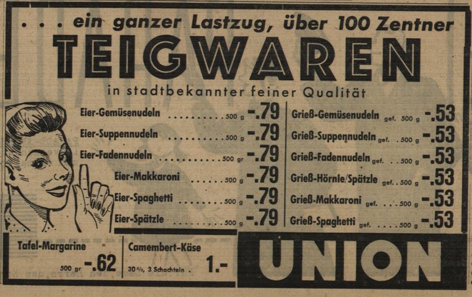 61_Badische Neueste Nachrichten_1952_11_07_Nr260_p06_Warenhaus_Teigwaren_Spaetzle_Spaghetti_Makkaroni_Union