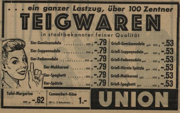 61_Badische Neueste Nachrichten_1952_11_07_Nr260_p06_Warenhaus_Teigwaren_Spaetzle_Spaghetti_Makkaroni_Union