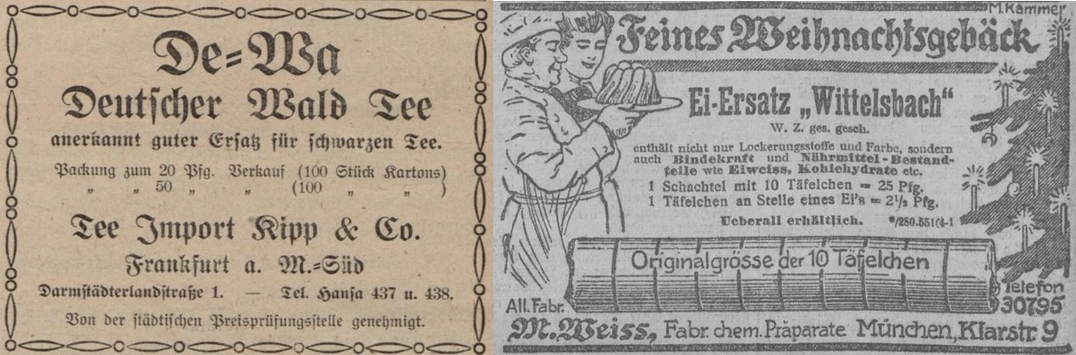 09_Anzeiger für Lebensmittelverteiler in Frankfurt a.M._02_1918_Nr01_p3_MNN_1915_12_13_Nr636_p4_Ersatzmittel_Deutscher-Tee_De-Wa_Deutscher-Wald-Tee_Eiersatz_Wittelsbach_Weiss