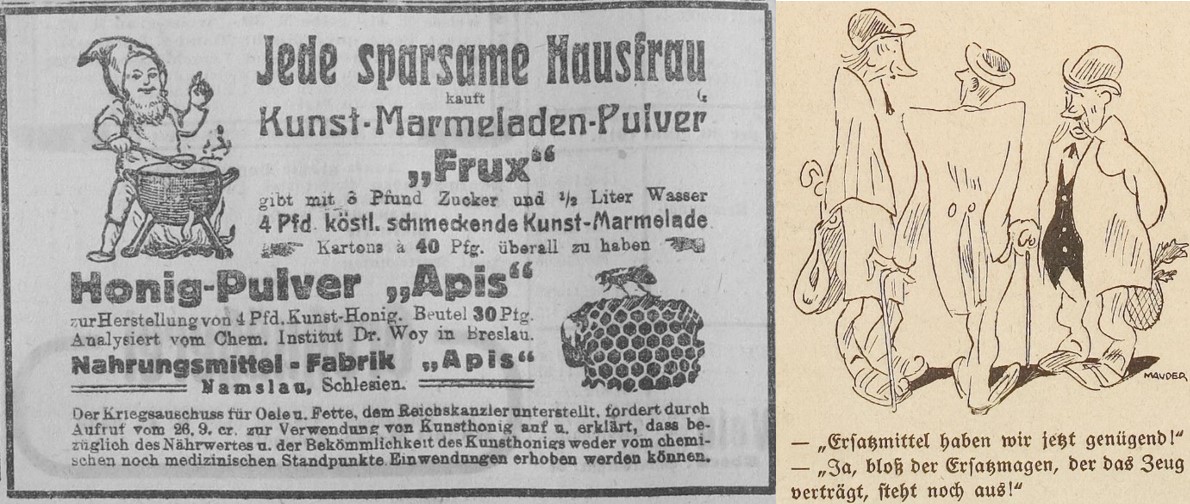 10_Stuttgarter Neues Tagblatt_1915_12_13_Nr633_p10_Meggendorfer Blaetter_1914_1918_p098_WKI_Ersatzmittel_Hunger_Kunstmarmelade_Frux_Zwerge_Honigpulver_Apis_Namslau