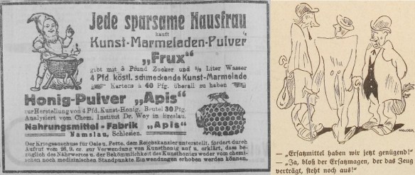 10_Stuttgarter Neues Tagblatt_1915_12_13_Nr633_p10_Meggendorfer Blaetter_1914_1918_p098_WKI_Ersatzmittel_Hunger_Kunstmarmelade_Frux_Zwerge_Honigpulver_Apis_Namslau