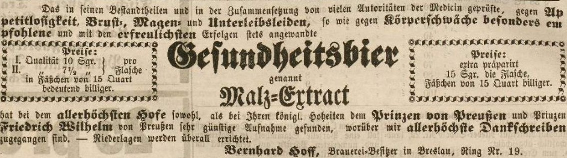 01_Schlesische Zeitung_1858_03_13_Nr121_p624_Malzextrakt_Medizinalbier_Bernhard-Hoff_Breslau