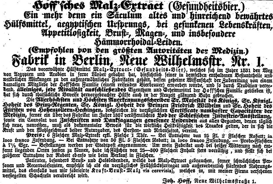 03_Berliner Gerichts-Zeitung_1860_07_17_Nr082_p332_Malzextrakt_Brustmalz_Medizinalbier_Johann-Hoff_Geheimmittel_Aegypten