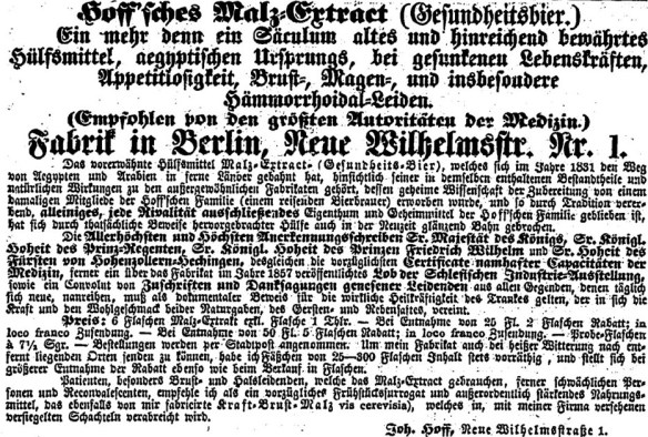 03_Berliner Gerichts-Zeitung_1860_07_17_Nr082_p332_Malzextrakt_Brustmalz_Medizinalbier_Johann-Hoff_Geheimmittel_Aegypten