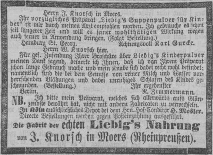 07_Koelnische Zeitung_1869_06_01_Nr150_p6_Saeuglingsernaehrung_Malzsuppe_Suppenpulver_Liebig_Knorsch_Moers