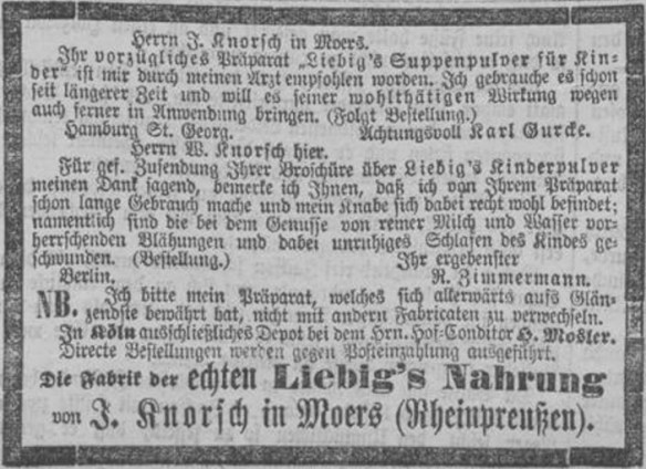 07_Koelnische Zeitung_1869_06_01_Nr150_p6_Saeuglingsernaehrung_Malzsuppe_Suppenpulver_Liebig_Knorsch_Moers