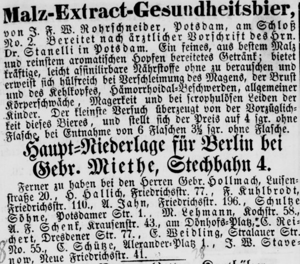 08_Koeniglich privilegirte Berlinische Zeitung_1860_09_30_Nr230_p33_Malzextrakt_Rohrschneider_Potsdam_Medizinalbier_Stanelli