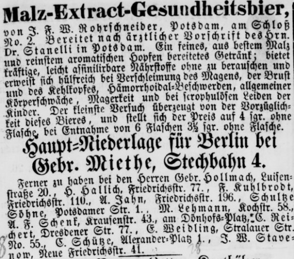 08_Koeniglich privilegirte Berlinische Zeitung_1860_09_30_Nr230_p33_Malzextrakt_Rohrschneider_Potsdam_Medizinalbier_Stanelli