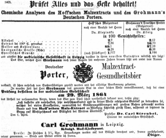 11_Coburger Zeitung_1864_08_03_Nr180_p1928_Bier_Medizinalbier_Kraeftigungsmittel_Deutscher-Porter_Grohmann_Leipzig_Malzextrakt_Zusammensetzung_Johann-Hoff