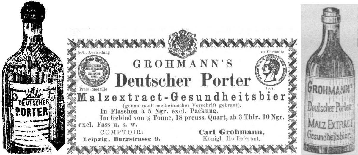 12_Neues Fremden-Blatt_1869_3_9_Nr68_p18_Leipziger Ztg_1878_p6094_Illustrirte Curorte-Ztg_26_1901_Nr10_p18_Deutscher-Porter_Grohmann_Verpackung_Bierflasche