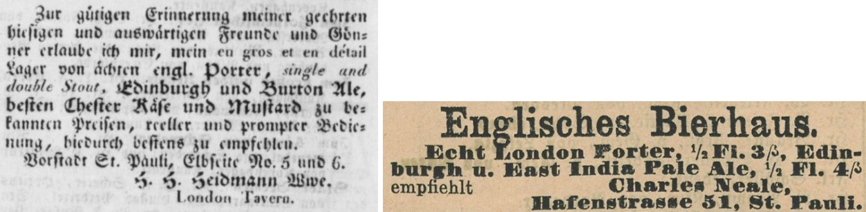 19_Staats und Gelehrte Zeitung Hamburg_1836_06_03_Nr130_p10_Hamburger Fremdenblatt_1871_08_27_Nr201_p4_Bier_Porter_Ale_London-Tavern_Gaststaette_Stout_St-Pauli