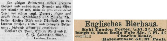 19_Staats und Gelehrte Zeitung Hamburg_1836_06_03_Nr130_p10_Hamburger Fremdenblatt_1871_08_27_Nr201_p4_Bier_Porter_Ale_London-Tavern_Gaststaette_Stout_St-Pauli