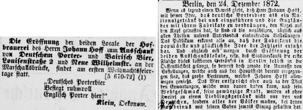 31_Berliner Boersen-Ztg_1872_12_22_Nr600_p07_Kgl privilegierte Berlinische Ztg_1872_12_24_Nr301_p15_Deutscher-Porter_Johann-Hoff_Louisenstraße_Neue-Wilhelmsstraße_Gaststaetten