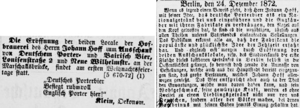 31_Berliner Boersen-Ztg_1872_12_22_Nr600_p07_Kgl privilegierte Berlinische Ztg_1872_12_24_Nr301_p15_Deutscher-Porter_Johann-Hoff_Louisenstraße_Neue-Wilhelmsstraße_Gaststaetten