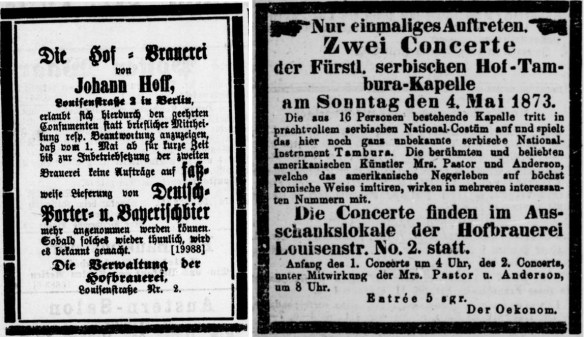 36_Berliner Boersen Ztg_1873_4_27_Nr195_p16_Kgl privilegierte Berlinische Ztg_1873_5_4_Nr104_p16_Bier_Louisenstraße_Konzert_Tambura-Kapelle_Deutscher-Porter_Johann-Hoff