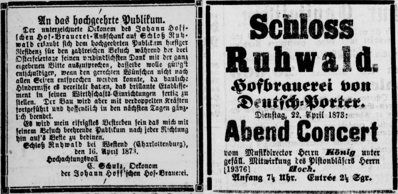 44_Kgl privilegierte Berlinische Ztg_1873_04_18_Nr090_p16_Berliner Boersen-Ztg_1873_04_22_Nr185_p16_Schloss-Ruhwald_Ausschanklokal_Ostern_Johann-Schulz_Konzert