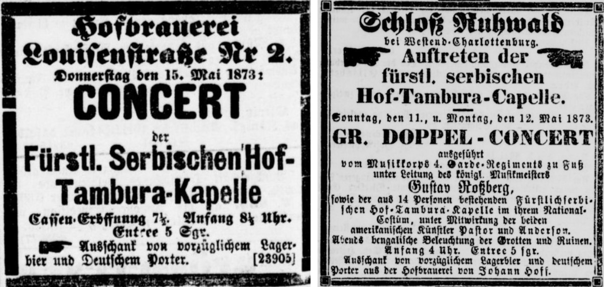 45_Berliner Boersen-Ztg_1873_05_11_Nr109_p15_Kgl privilegierte Berlinische Ztg_1873_05_15_Nr223_p14_Schloss-Ruhwald_Konzert_Tambura-Kapelle