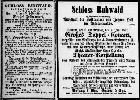 46_Kgl privilegierte Berlinische Ztg_1873_06_01_Nr126_p12_Berliner Boersen-Ztg_1873_06_08_Nr261_p14_Schloss-Ruhwald_Ausschanklokal_Konzert_Theater