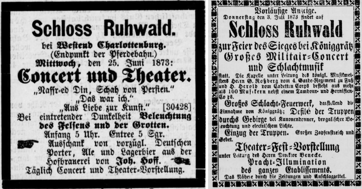 47_Berliner Boersen-Ztg_1873_06_25_Nr289_p14_Kgl privilegierte Berlinische Ztg_1873_06_29_Nr149_p15_Schloss-Ruhwald_Konzert_Theater_Reenactment_Koenigsgraetz