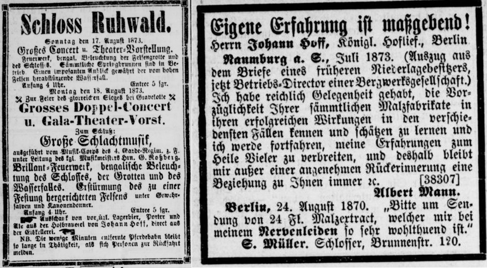 52_Kgl privilegierte Berlinische Ztg_1873_08_17_Nr191_p14_Berliner Boersen-Ztg_1873_08_31_Nr405_p08_Schloss-Ruhwald_Konzert_Theater_Johann-Hoff_Malzextrakt