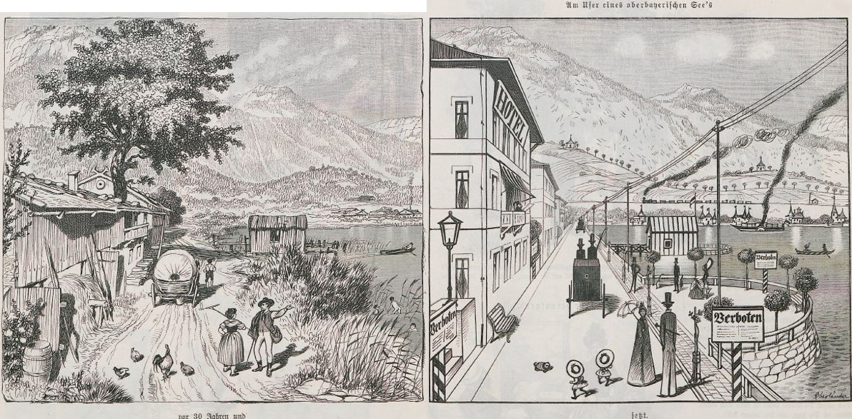 01_Fliegende Blaetter_088_1888_p178-179_Kommerzialisierung_Rationalisierung_Bayern_Tourismus_Vorher-Nachher_Stadt-Land