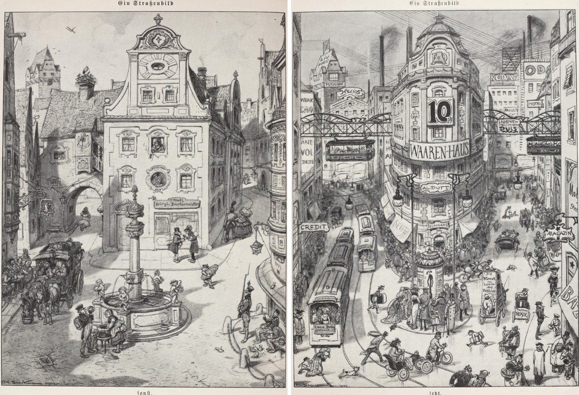 03_Fliegende Blaetter_116_1902_p102-103_Urbanisierung_Kommerzialisierung_Warenhaus_Kleinstadt_Moderne_Aussenreklame_Strassenverkehr_Vorher-Nachher