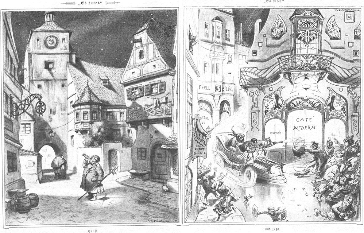 04_Fliegende Blaetter_121_1904_p266-267_Kleinstadt_Moderne_Automobile_Kleinstadt_Bazar_Cafe_Jugenstil_Vorher-Nachher