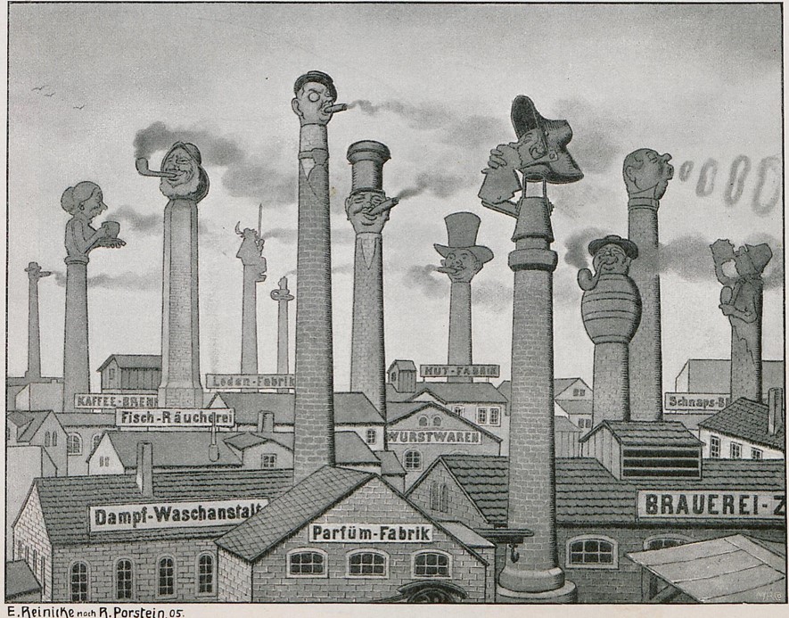 13_Fliegende Blaetter_123_1905_p265_Industrialisierung_Konsumgueterindustrie_Nahrungsmittelindustrie_Produktionsstaetten_Kaffee_Fisch_Brauerei_Wurstwaren