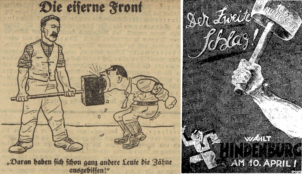 15_Der Abend_1931_12_17_Nr590_p1_Volksstimme-Magdeburg_1932_4_8_Nr83_p3_Eiserne-Front_Hammer_Hitler_Reichspraesidentenwahl