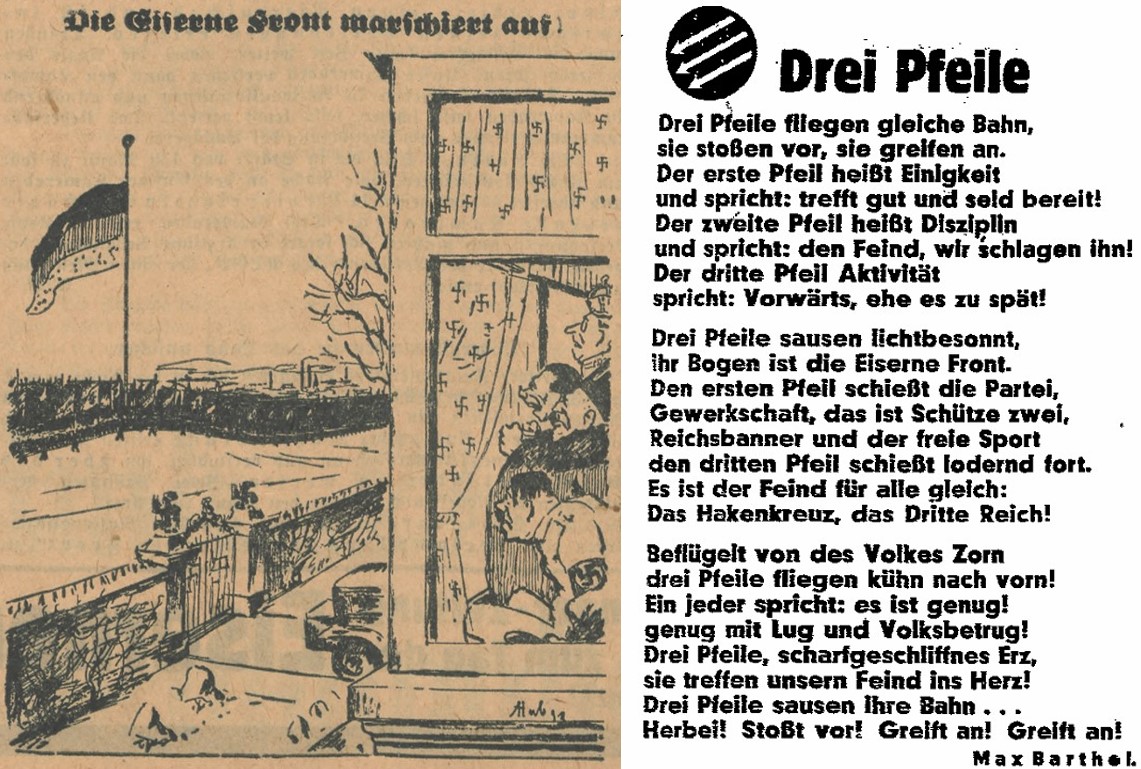 16_Das Reichsbanner_09_1932_02_13_Nr07_p051_Volksstimme-Magddeburg_1932_4_4_Nr79_p4_Eiserne-Front_NSDAP_Dreipfeil_Gedicht