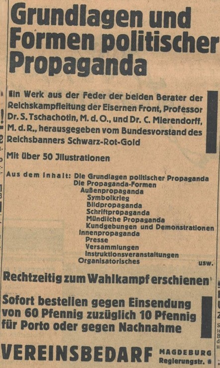 20_Das Reichsbanner_09_1932_07_16_Nr29_p232_Broschuere_Tschachotin_Mierendorff_Propaganda_Dreipfeil_Symbolkrieg