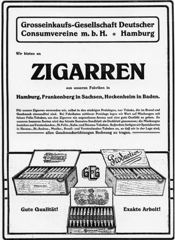 22_Konsumgenossenschaftliche Rundschau_08_1911_Nr34_pI_Konsumgenossenschaften_Eigenproduktion_GEG_Handelsmarken_Zigarren_Fair-Trade