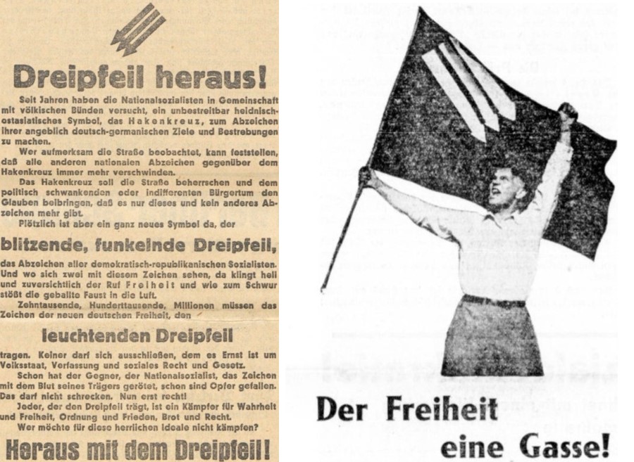 39_Vorwaerts_1932_06_30_Nr303_p06_Volkswille_1932_06_23_Nr145_p1_Eiserne-Front_Dreipfeil_Freiheit_Fahne