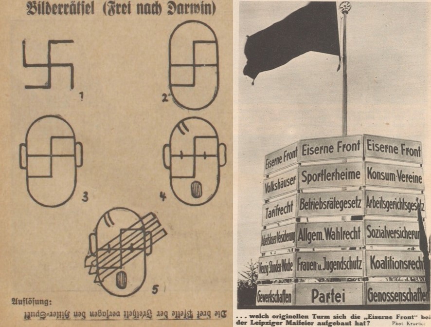41_Volksblatt fuer Harburg-Wilhelmsburg u. Umgegend_1932_07_02_Nr153_p16_Der Kuckuck_4_1932_Nr22_p4_Eiserne-Front_Hitler_Republik