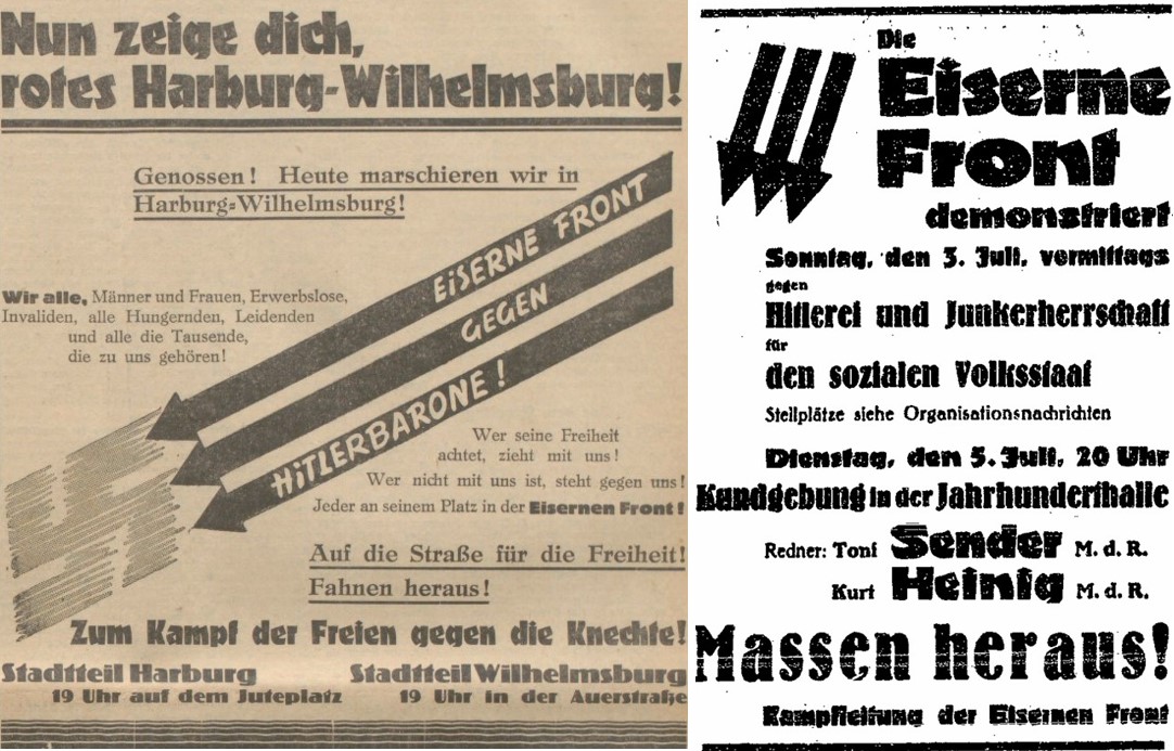 43_Volksblatt fuer Harburg-Wilhelmsburg u. Umgegend_1932_07_12_Nr161_p05_Volkswacht fuer Schlesien_1932_07_02_Nr153_p6_Eiserne-Front_Massenveranstaltung