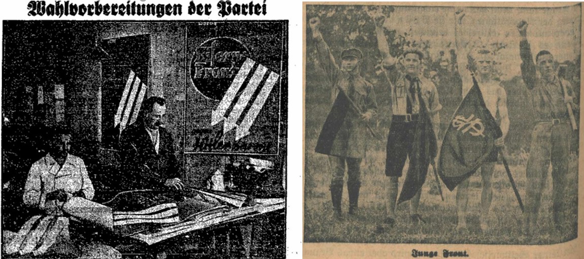 45_Volkswacht fuer Schlesien_1932_07_14_Nr163_p11_Das Reichsbanner_09_1932_p226_Eiserne-Front_Reichstagswahl_Dreipfeil_Plakate_Schwarz-Rot-Gold_Hammer