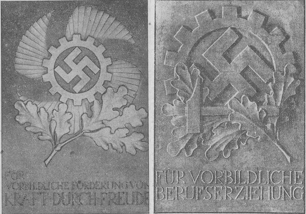 10_Oldenburger Nachrichten für Stadt und Land_1938_04_28_Nr113_p12_Jeversches Wochenblatt_1938_07_05_Nr154_p4_KdF_DAF_Leistungskampf-der-deutschen-Betriebe_Abzeichen