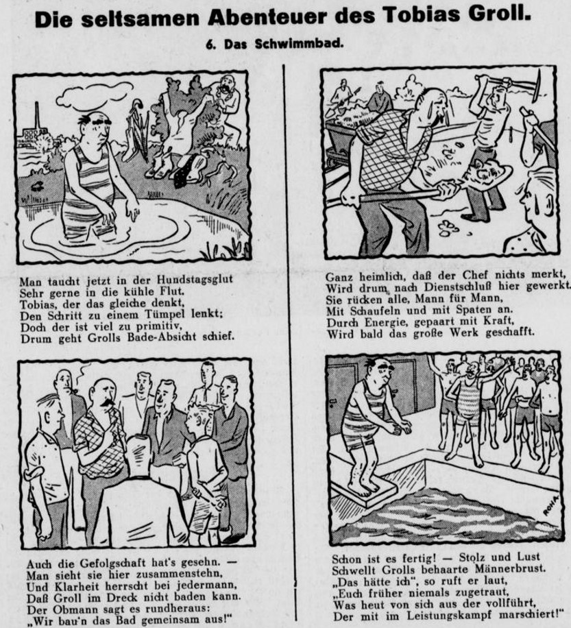 25_Tremonia - Westdeutsche Volkszeitung_1938_08_22_Nr227_Blatt2_p1_Tobias-Groll_Schwimmbad_Franz-Roha_Leistungskampf-der-deutschen-Betriebe_Comic