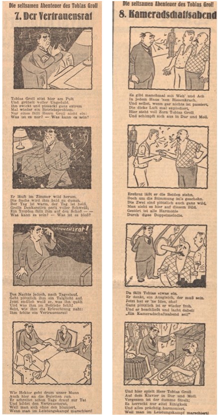 26_Der Fuehrer_1938_08_14_Nr222_p5_Neue Mannheimer Zeitung_1938_08_21_Nr229_p5_Tobias-Groll_Vertrauensrat_Kameradschaftsabend_Franz-Roha_Leistungskampf_Comic