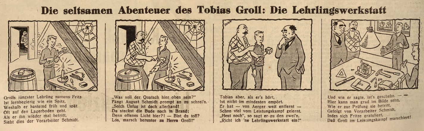27_Der oberschlesische Wanderer_1938_08_27_Nr235_p06_Tobias-Groll_Lehrlingswerkstatt_Franz-Roha_Leistungskampf-der-deutschen-Betriebe_Comic
