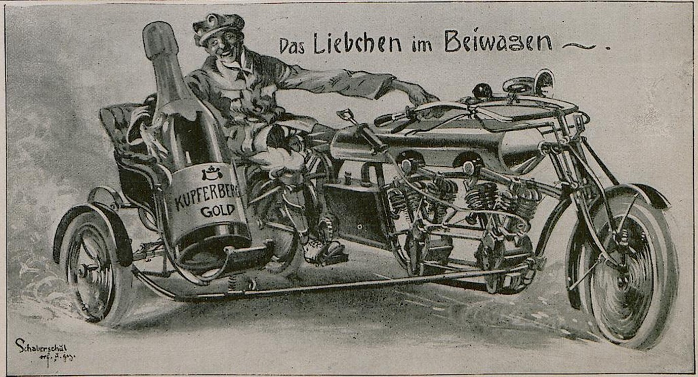 03_Fliegende Blaetter_124_1906_Nr3179_Beibl_p07_Sekt_Kupferberg_Beiwagen_Motorrad_Alkohol-am-Steuer