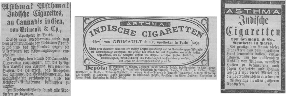 17_Koelnische Zeitung_1871_12_28_Nr359_p4_Ebd_1876_03_04_Nr64_p4_Ebd_1881_01_05_Nr5_p4_Asthmazigaretten_Cannabis_Grimault_Joints_Heilmittel
